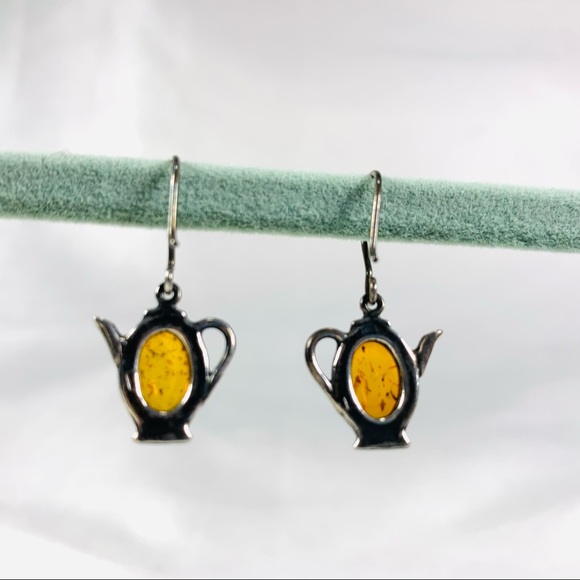 Amber teapot dangle sterling earrings - Picture 2 of 9
